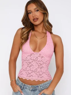 Débardeur rose à bretelles col en U dentelle dos nu chic pour femmes