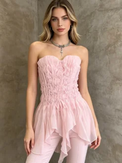 Débardeur rose sans bretelles à volants plissés chics pour femmes