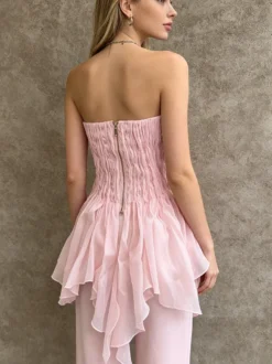 Débardeur rose sans bretelles à volants plissés chics pour femmes