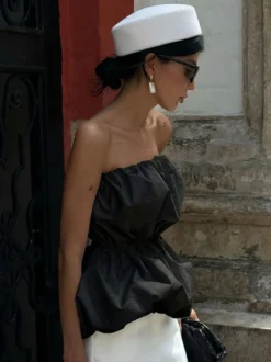 Débardeur rose sans bretelles plissé sexy dos nu en coton pour femme