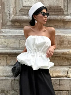 Débardeur rose sans bretelles plissé sexy dos nu en coton pour femme
