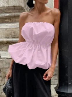 Débardeur rose sans bretelles plissé sexy dos nu en coton pour femme