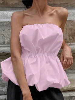 Débardeur rose sans bretelles plissé sexy dos nu en coton pour femme