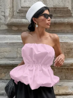 Débardeur rose sans bretelles plissé sexy dos nu en coton pour femme