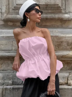 Débardeur rose sans bretelles plissé sexy dos nu en coton pour femme