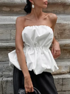 Débardeur rose sans bretelles plissé sexy dos nu en coton pour femme