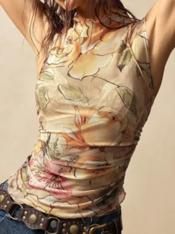 Débardeur sans manches en maille à col montant froncé et imprimé floral vintage pour femme 2026