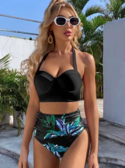 Deux pièces Vintage maillots de bain rose imprimé motif à lacets col carré dos nu été plage maillots de bain pour les femmes