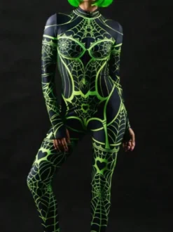 Déguisement d'araignée vert fluo réactif aux UV pour femme costume d'Halloween