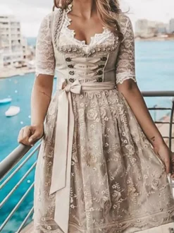Déguisements Oktoberfest pour femmes - Robe Dirndl Midi Rose - Grandes Tailles