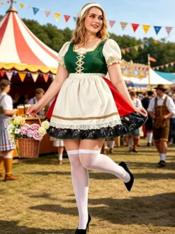 Déguisements pour l'Oktoberfest : robe Dirndl mi-longue pour femme costume de fête tablier vert à imprimé floral Art déco/rétro pour femme.