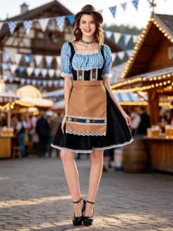 Déguisements pour l'Oktoberfest costumes de fête robe à carreaux rétro bleu ciel pour fille et adulte ensemble Oktoberfest