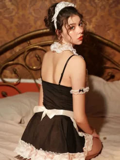 Déguisements Sexy Costumes Femme de Ménage Femme Ensembles 4 Pièces en Dentelles Robe avec Bretelles à Col V avec Volants Bas Evasée Cousu Bicolores