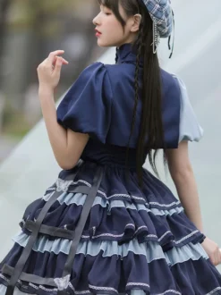 Douce Lolita JSK robe 2-Pièces Set Blue marine à volant robe idol