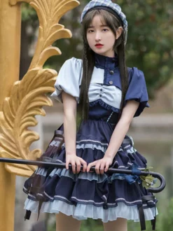 Douce Lolita JSK robe 2-Pièces Set Blue marine à volant robe idol