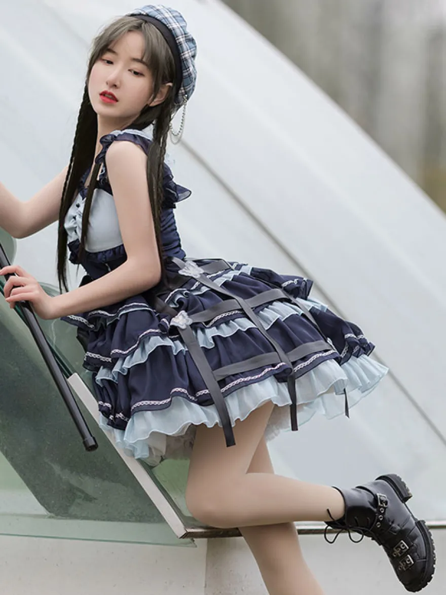 Douce Lolita JSK robe 2-Pièces Set Blue marine à volant robe idol