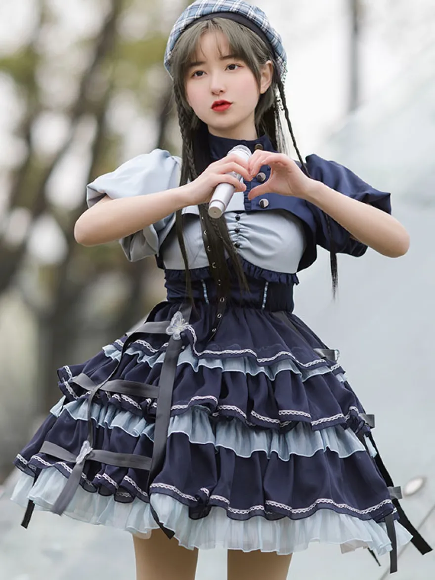 Douce Lolita JSK robe 2-Pièces Set Blue marine à volant robe idol