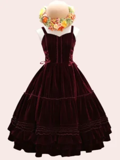Douce Lolita JSK Robe Velours Lacet Ruffle Lolita Pull Jupes Bordeaux