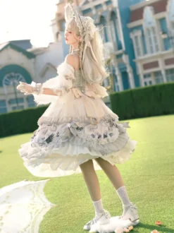 Douce Lolita Mariage OP Robe Imprimé Fleur Gris Claire Lolita Une Pièce Robe
