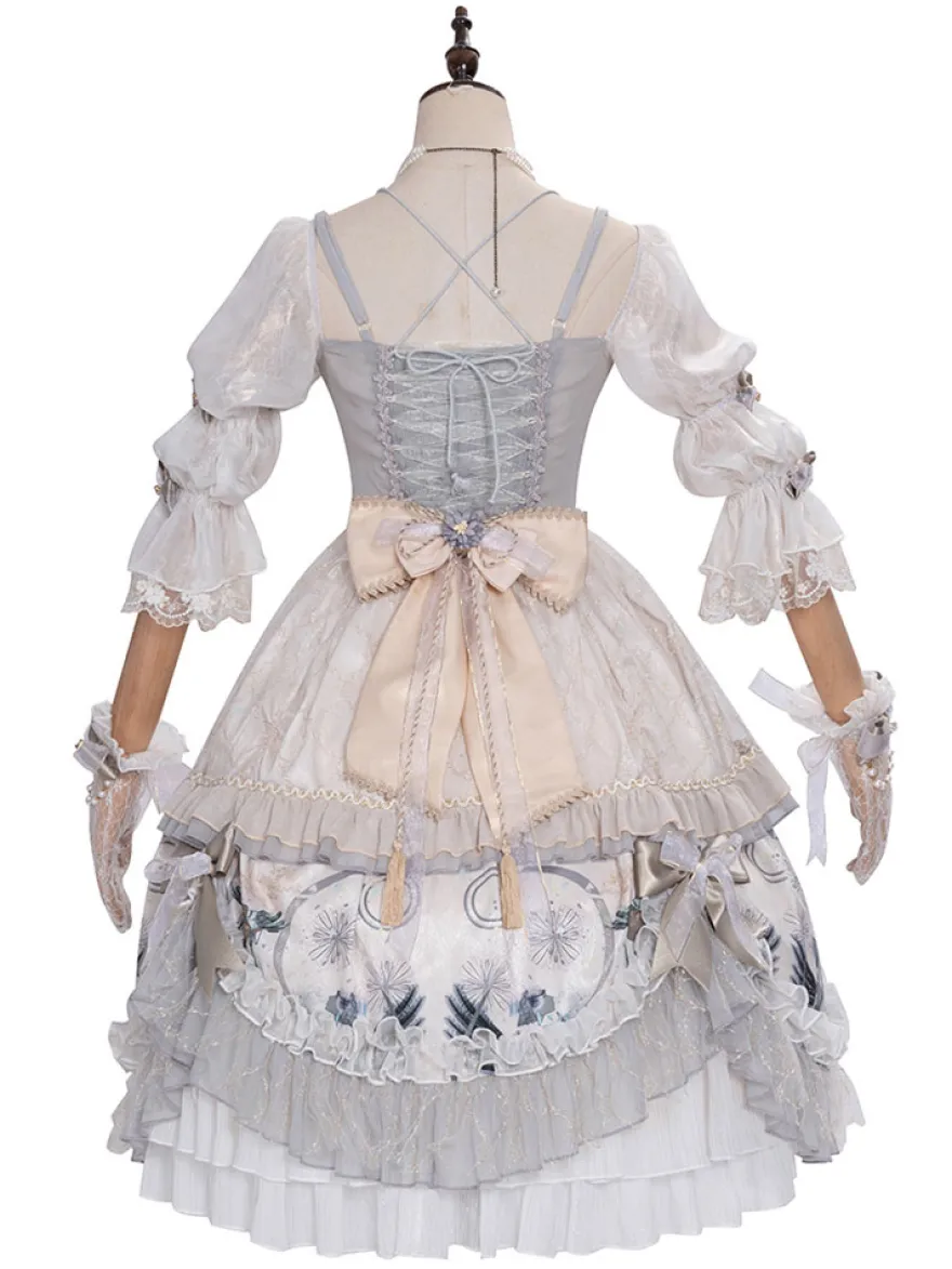 Douce Lolita Mariage OP Robe Imprimé Fleur Gris Claire Lolita Une Pièce Robe