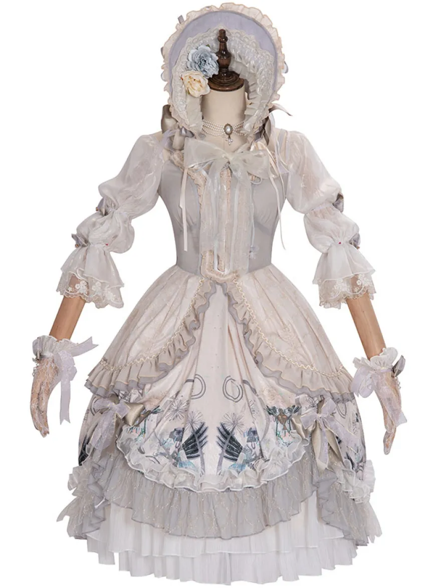 Douce Lolita Mariage OP Robe Imprimé Fleur Gris Claire Lolita Une Pièce Robe