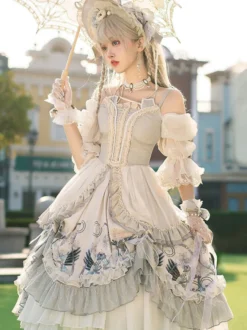 Douce Lolita Mariage OP Robe Imprimé Fleur Gris Claire Lolita Une Pièce Robe