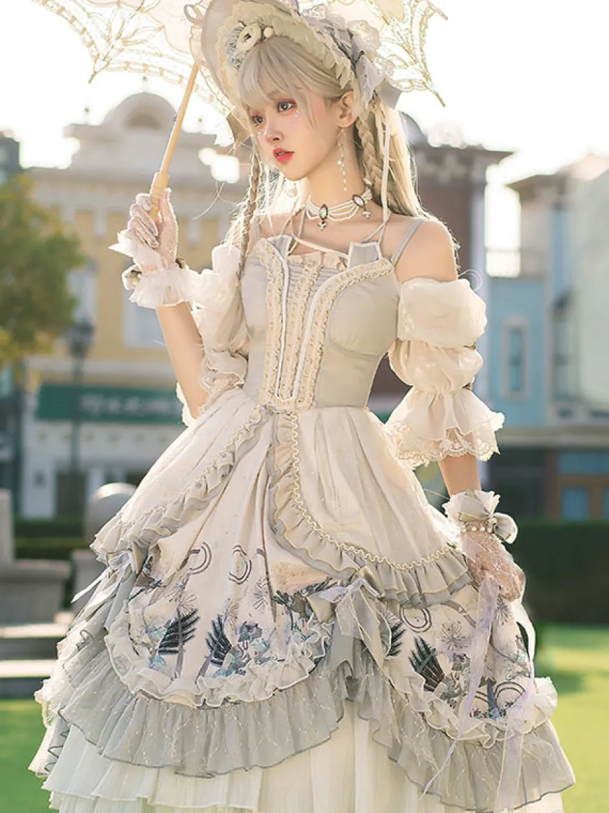 Douce Lolita Mariage OP Robe Imprimé Fleur Gris Claire Lolita Une Pièce Robe