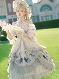 Douce Lolita Mariage OP Robe Imprimé Fleur Gris Claire Lolita Une Pièce Robe