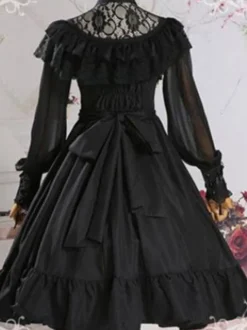 Douce Lolita OP Robe Noir Manches Transparentes à Volants Lolita Robes une pièce Déguisements Halloween