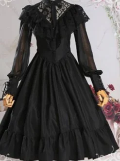 Douce Lolita OP Robe Noir Manches Transparentes à Volants Lolita Robes une pièce Déguisements Halloween