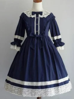 Douce Lolita OP Robe Noir Manche Mi-Longue à Volants Lolita Robes une pièce Déguisements Halloween