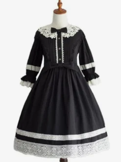 Douce Lolita OP Robe Noir Manche Mi-Longue à Volants Lolita Robes une pièce Déguisements Halloween