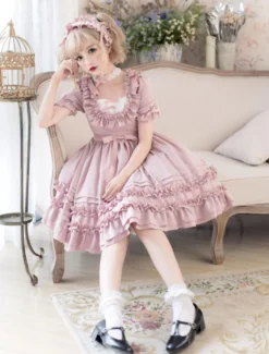 Douce Lolita OP Robe à Volants En Coton Plissé Lolita Une Pièce Col Carré Déguisements Halloween