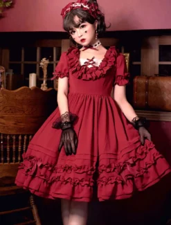 Douce Lolita OP Robe à Volants En Coton Plissé Lolita Une Pièce Col Carré Déguisements Halloween