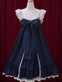Douce Lolita Robe JSK Robe à Bretelle Avec Grand Noeud En Chiffon Déguisements Halloween