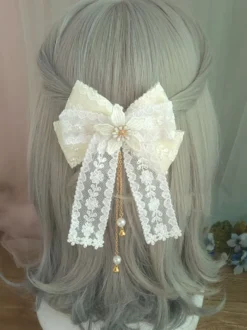 Doux Cheveux Lolita Fermoir Dentelle Noeud Perle Brodé Ecru Blanc Lolita Accessoire Cheveux Déguisements Halloween