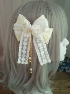 Doux Cheveux Lolita Fermoir Dentelle Noeud Perle Brodé Ecru Blanc Lolita Accessoire Cheveux Déguisements Halloween