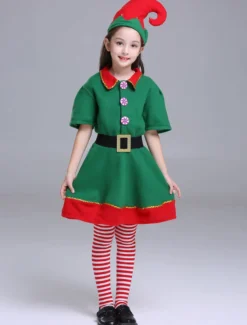 Enfants Noël Elfe Costumes Fille Robes Manches Demi Set 3 Pièce Déguisements Noël Cadeau Enfant