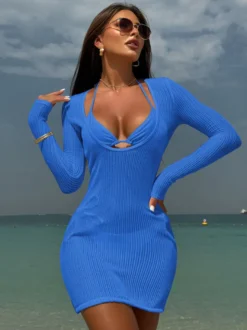 Ensemble bikini dos nu et mini-robe cache-maillot à manches longues et col en U maillot de bain 3 pièces 2026