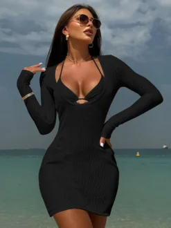 Ensemble bikini dos nu et mini-robe cache-maillot à manches longues et col en U maillot de bain 3 pièces 2026