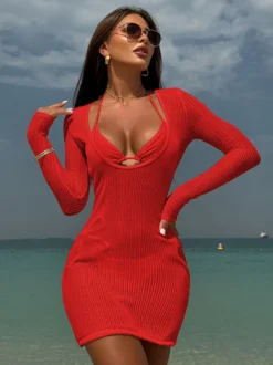 Ensemble bikini dos nu et mini-robe cache-maillot à manches longues et col en U maillot de bain 3 pièces 2026