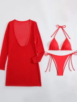 Ensemble bikini dos nu et mini-robe cache-maillot à manches longues et col en U maillot de bain 3 pièces 2026