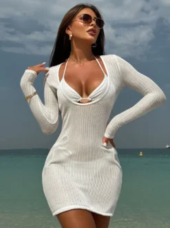 Ensemble bikini dos nu et mini-robe cache-maillot à manches longues et col en U maillot de bain 3 pièces 2026