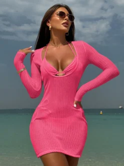 Ensemble bikini dos nu et mini-robe cache-maillot à manches longues et col en U maillot de bain 3 pièces 2026