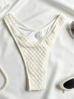 Ensemble bikini 3 pièces blanc crème texturé haut dos nu à nouer jupe string échancrée maillot de bain de plage