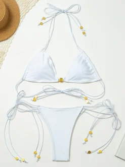 Ensemble bikini 2 pièces à cordon élastique de couleur unie pour l'été 2026