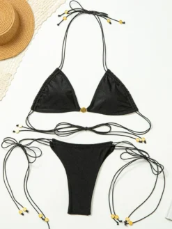 Ensemble bikini 2 pièces à cordon élastique de couleur unie pour l'été 2026