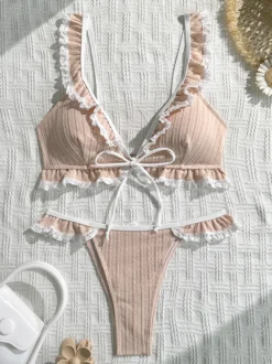 Ensemble bikini à volants pour femme - Maillot de bain deux pièces sexy style cottagecore avec bordure en dentelle - Vacances d'été à la plage 2026