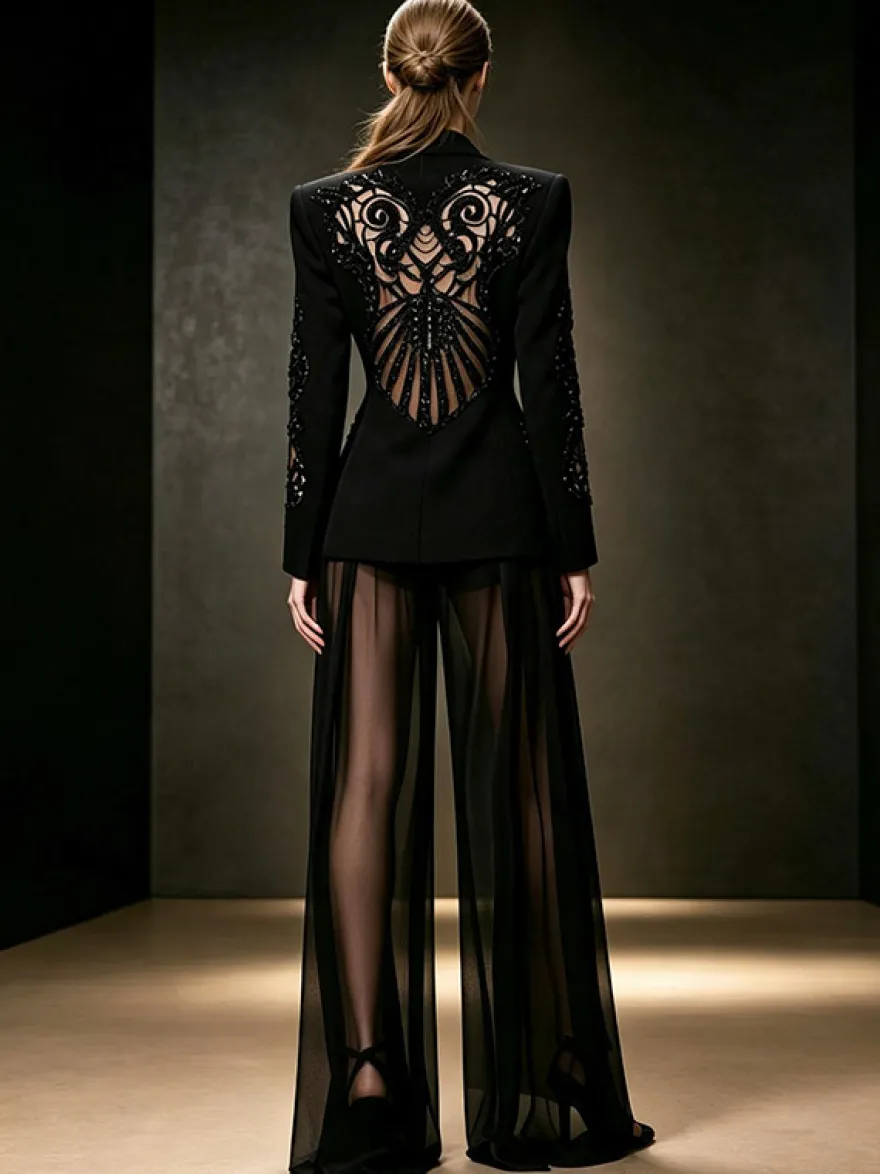 Ensemble blazer et pantalon en tulle noir à col en V en crêpe à sequins.