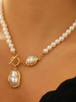 Ensemble collier et bracelet de perles baroques irrégulières fermoir à bascule doré bijoux vintage